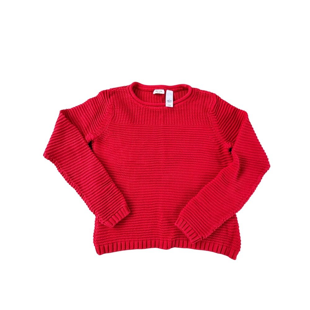 Vintage Liz & Co Petite L Red Cotton Knit Crewneck Sweater Y2K